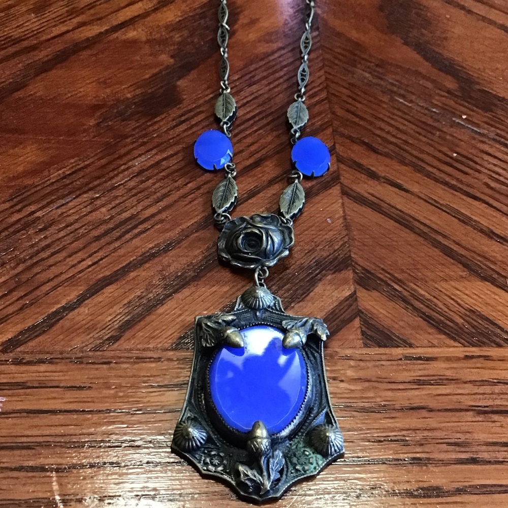 Vintage Art Nouveau Blue Stone+Brass Necklace